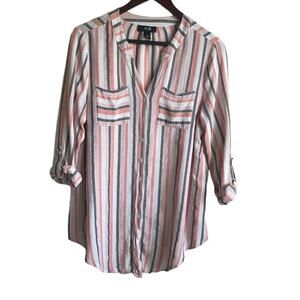 AGB Women‎ Tunic Top L Multicolor Striped Roll Tab Long Sleeve Beachy Coastal